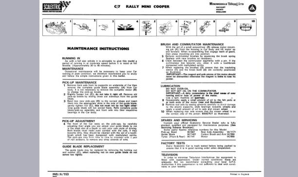 Vintage Scalextric spares service sheet